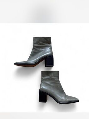Zara Women's Gray Leather Ankle Boots with Block Heel